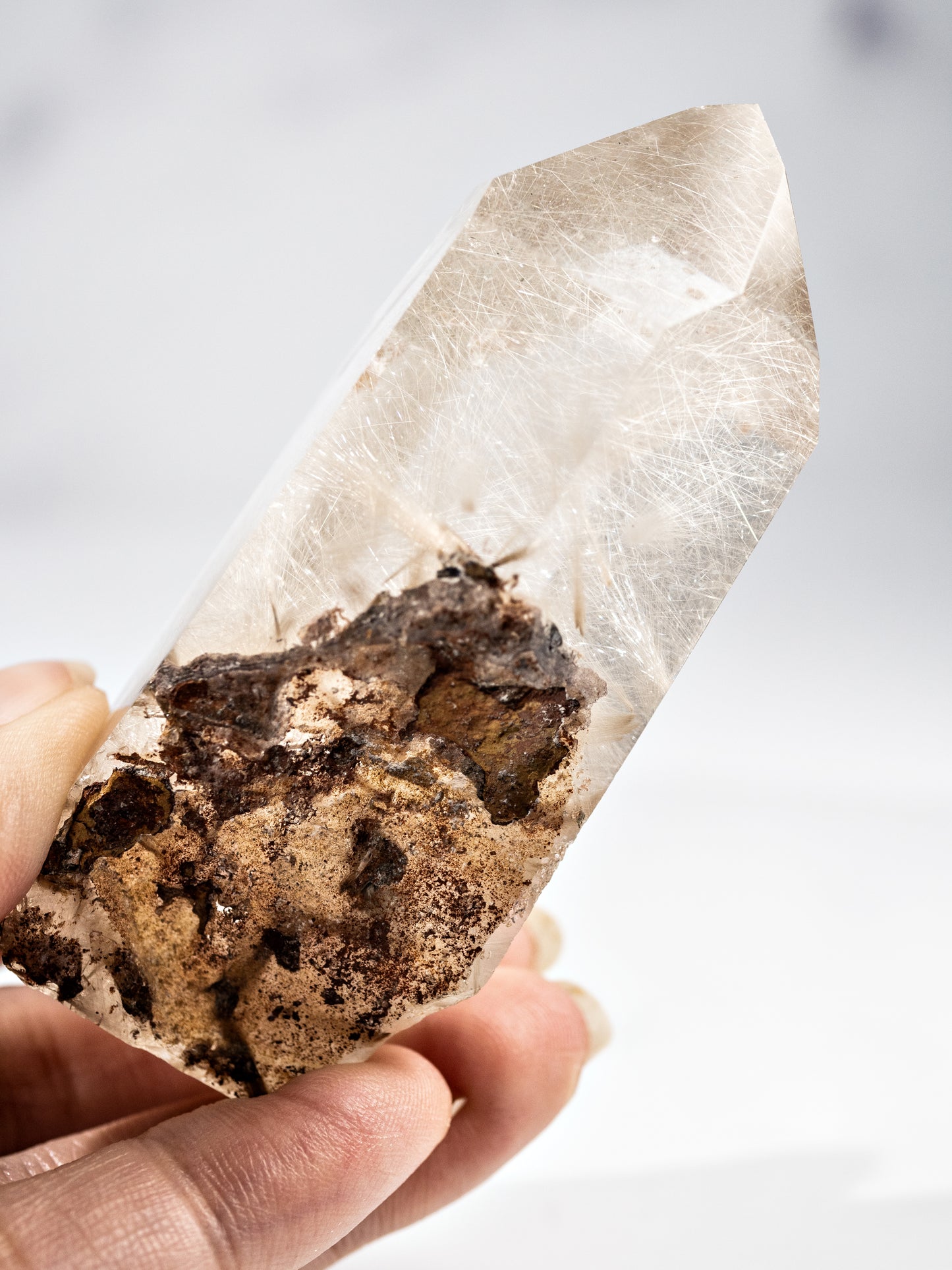 Silvery Gold Rutile in Quartz Polished Tower