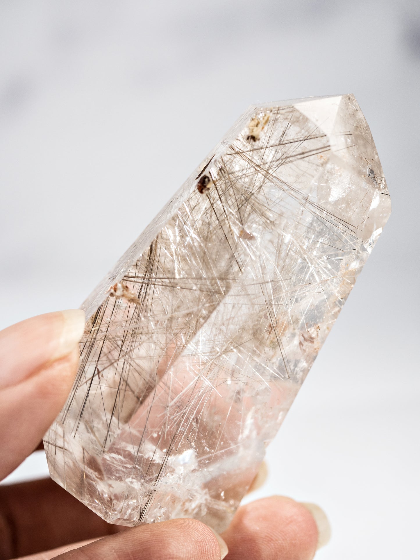 Silver Rutile in Quartz Polished Tower