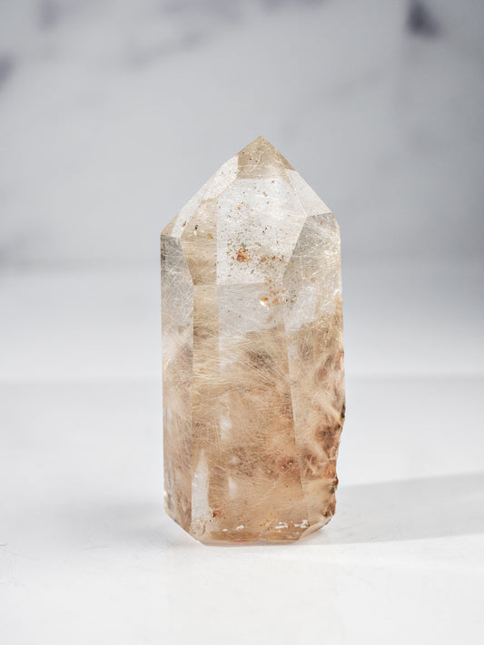 Silvery Gold Rutile in Quartz Polished Tower